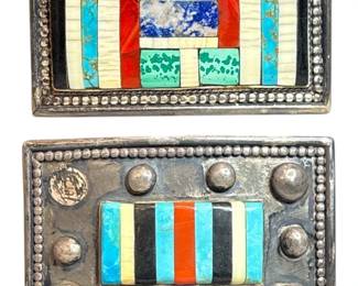 Two Sterling Silver Turquoise & Coral Belt Buckles by TED BOWLES