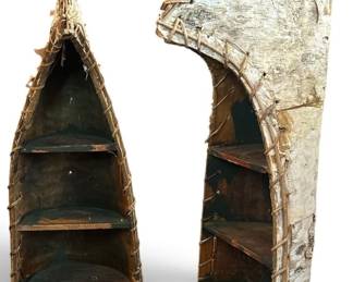 Pair Arts & Crafts Mission Birch Bark Canoe Shelves