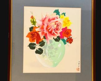 27 FramedJapaneseFloralWatercolorSigned