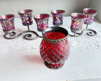 28 IridescentRedMosaicCandelabraCandleHolder