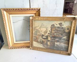 182 VintageEuropeanStreetScenePrintOrnateGiltFrame