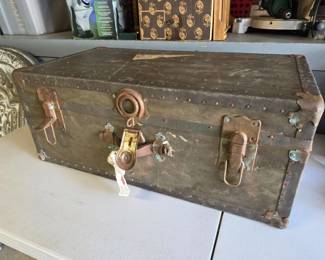 59 AntiqueMetalStuddedFlatTopSteamerTrunkOrCabinTrunk