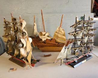 63 CollectionOfVintageWoodenThreeMastedSailingShipModels