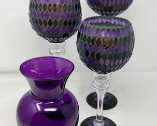 79 Setof3MosaicGlassCandleHoldersPurpleVase