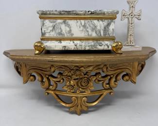 139 VintageGoldWallShelfMarbleStylePlanterCross