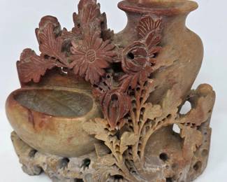 38 VintageChineseCarvedSoapstoneDoubleVesselSculpture