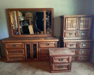Solid Wood Bedroom Set includes dresser, two piece (stackable) chest of drawers/amoire, and nightstand