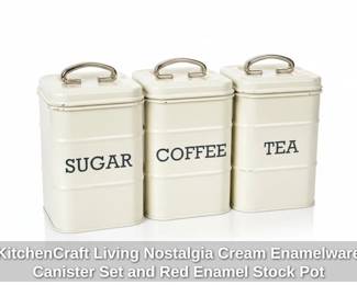 KitchenCraft Living Nostalgia Cream Enamelware Canister Set and Red Enamel Stock Pot