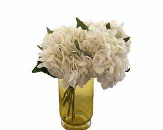 Yellow Glass Cylinder Vase with Artificial Hydrangeas