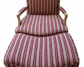 French Provincial Style Bergre Chair and Ottoman with Striped Upholstery