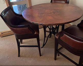 Hammered Copper Top Dining Table with Wrought Iron Base and Upholstered Chairs