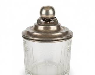 Vintage SilverPlated Glass Jar with Apple Finial, Salt Pepper Shakers, and Repouss Mug