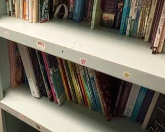 Painted Wooden Bookcase with Childrens Books and Ukulele