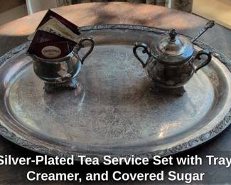 SilverPlated Tea Service Set with Tray, Creamer, and Covered Sugar