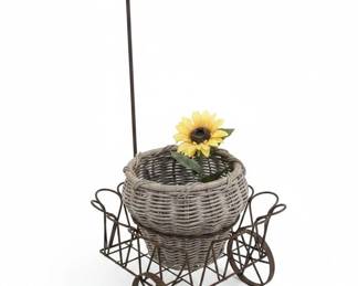 Vintage Wrought Iron Garden Cart Planter with Wicker Basket