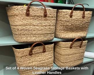 Set of Woven Seagrass Storage Baskets with Leather Handles