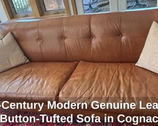 MidCentury Modern Genuine Leather ButtonTufted Sofa in Cognac