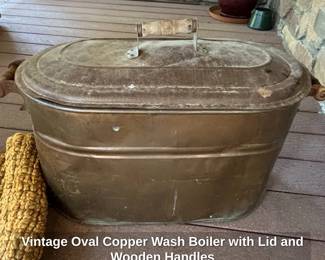 Vintage Oval Copper Wash Boiler with Lid and Wooden Handles