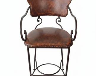 Set of Arhaus Wrought Iron and Tooled Leather Bar Stools second image