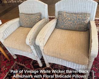 Pair of Vintage White Wicker BarrelBack Armchairs with Floral Brocade Pillows