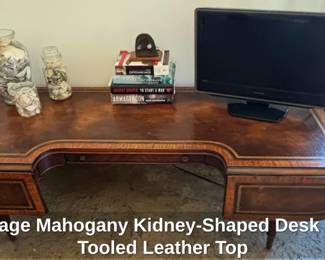 Vintage Mahogany KidneyShaped Desk with Tooled Leather Top