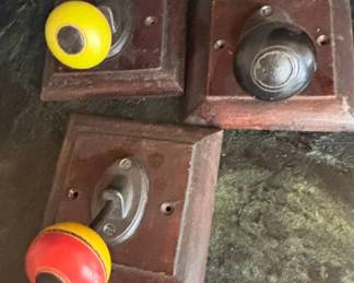 Vintage Bakelite Doorbell Push Buttons on Wooden Blocks
