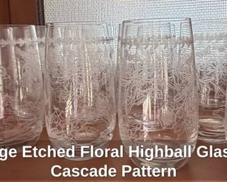 Vintage Etched Floral Highball Glasses Cascade Pattern