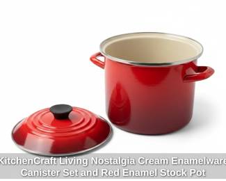 KitchenCraft Living Nostalgia Cream Enamelware Canister Set and Red Enamel Stock Pot second image