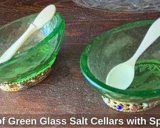 Pair of Green Glass Salt Cellars with Spoons
