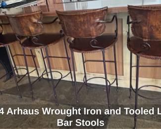 Set of Arhaus Wrought Iron and Tooled Leather Bar Stools