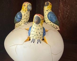 HandPainted Mexican Folk Art Ceramic Parrot Hatching from Egg Sculpture