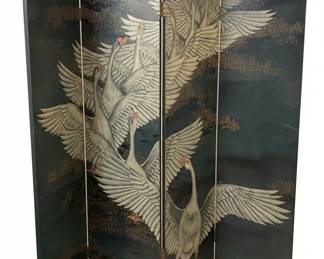 Vintage Chinoiserie FourPanel Folding Screen with Geese or Swans