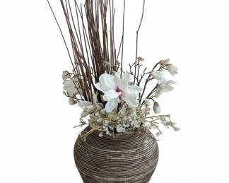 Large Ribbed Ceramic Floor Vase with Magnolia Arrangement
