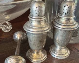 Vintage SilverPlated Glass Jar with Apple Finial, Salt Pepper Shakers, and Repouss Mug second image