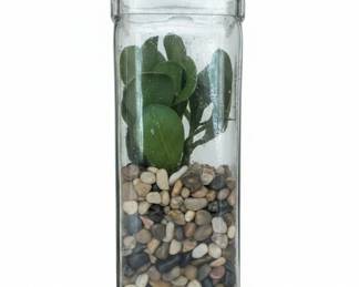 Vintage Clear Glass Block Vase with River Stones and Faux Succulent