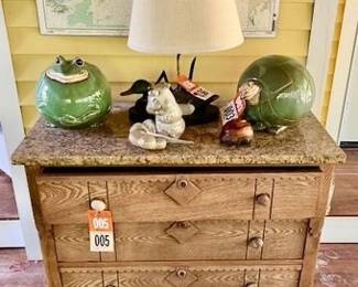 Victorian Granite Top Three Drawer Chest and Comical Round Shaped Ceramic Frog and Tortoise, Ceramic Snail