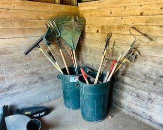 Assorted Garden Rakes, Hoes, etc.