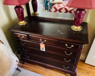 Mahogany Double Dresser and Pair of Burgundy Ceramic Lamps