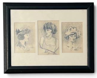 Framed Signed Original Flapper Girl Drawings