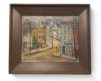WPA Era Expressionist Street Scene Oil Painting