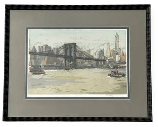 HANS FIGURA (1898-1978) Brooklyn Bridge NYC Aquatint on Silk