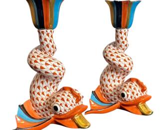HEREND Fishnet Porcelain Dolphin Candleholders