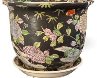 Chinese Black Porcelain Famillie Rose Fish Cachepot