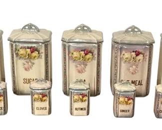 1920's Czechoslovakian Porcelain Lusterware Kitchen Canister and Spice Jars