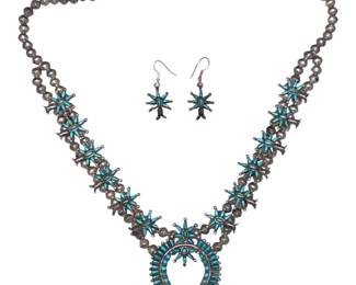 ZUNI Cluster Work Squash Blossom Necklace & Earrings, Sterling Silver Turquoise