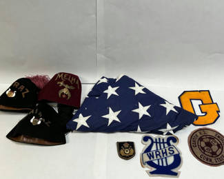 Lot 45: US Flag, Athletic Patches and Masonic Headwear