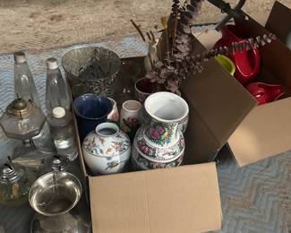 Vases, oil lamps, fiesta dishes 