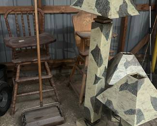 Vintage lamps, antique high chairs, antique vaccum