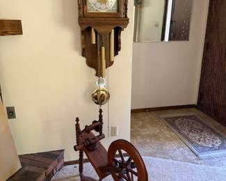 Grandfather Clock and Vintage Wooden Spinning Wheel