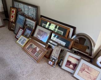 Array of framed photos, pictures, artwork, decor